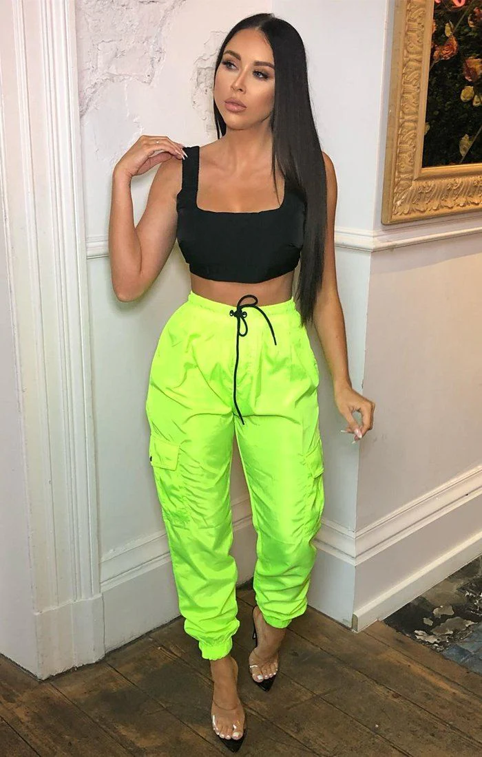 Neon-green wide-leg cargo pants